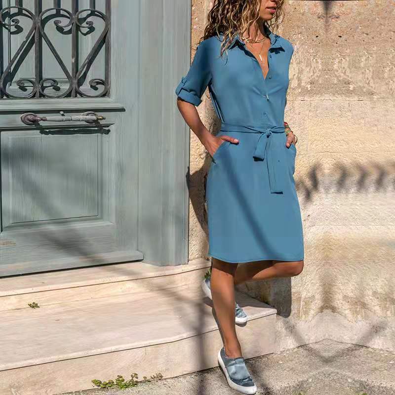 Damen Hemdkleid Elegantes Design mit Gürtel und Taschen