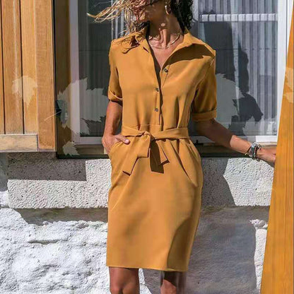 Damen Hemdkleid Elegantes Design mit Gürtel und Taschen