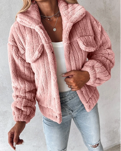 Damen Sherpa Jacke Knopfverschluss Modern Sportlich