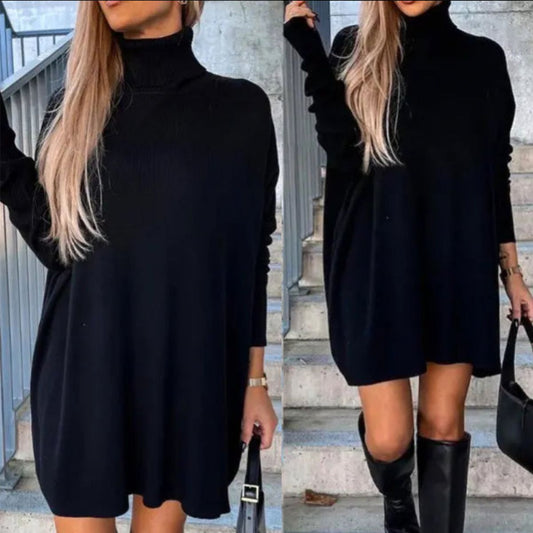 Elegantes Midi Kleid Schwarz Kaschmir Winter - IdealeKleiden
