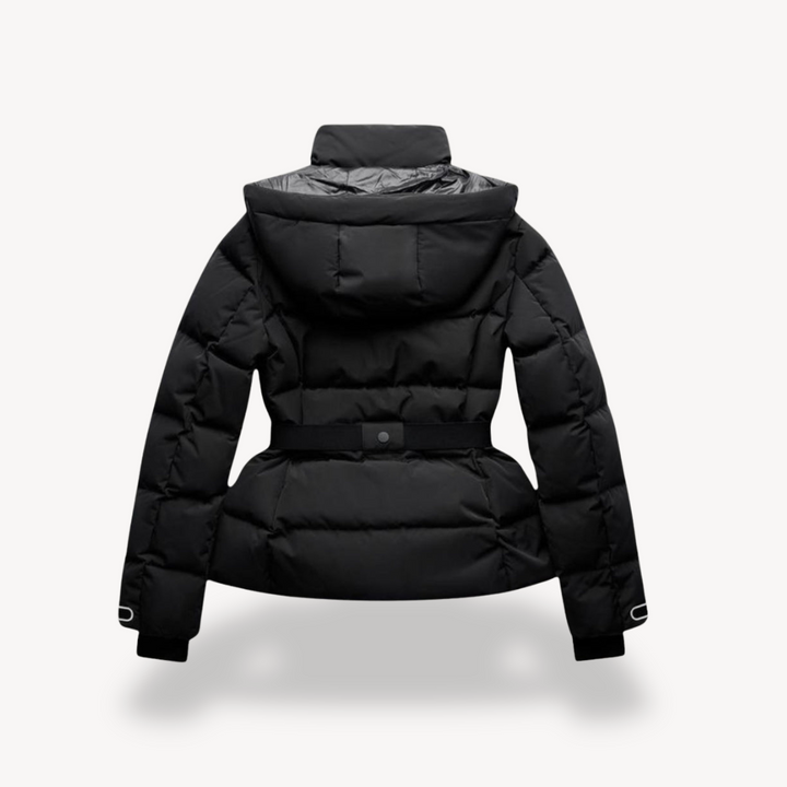 Stylische Damen Pufferjacke Schwarz Mit Gürtel - IdealeKleiden