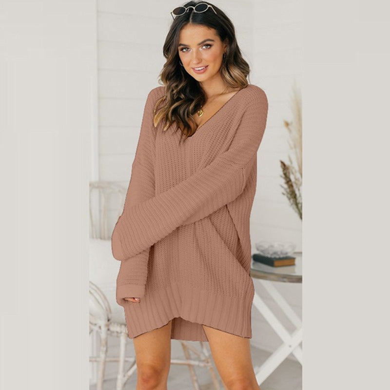 Damen Pulloverkleid Grobstrick V-Ausschnitt Lässig Chic