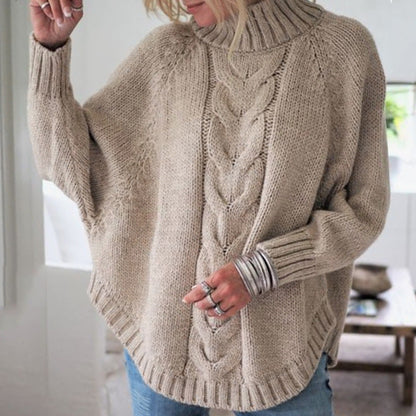Damen Pullover Grobstrick Hochkragen Zopfmuster