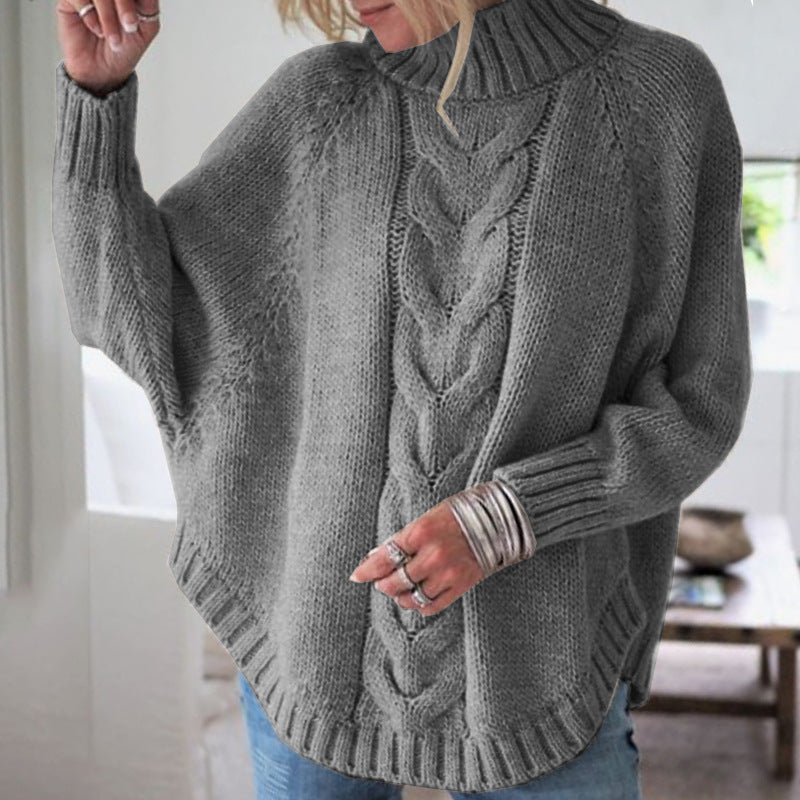 Damen Pullover Grobstrick Hochkragen Zopfmuster