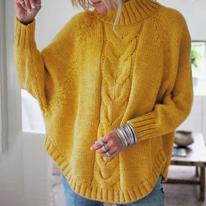 Damen Pullover Grobstrick Hochkragen Zopfmuster
