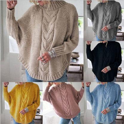 Damen Pullover Grobstrick Hochkragen Zopfmuster - IdealeKleiden