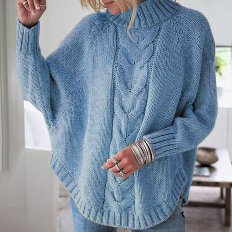 Damen Pullover Grobstrick Hochkragen Zopfmuster