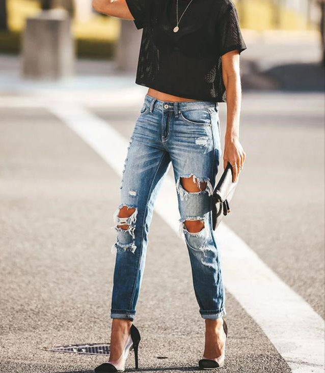 Damen Ripped Jeans Slim Fit mit Fransen Detail