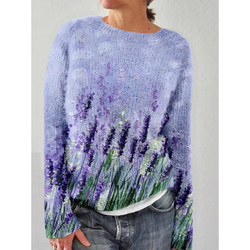Weiche Strickjacke Rundhals Floral Damenpullover - IdealeKleiden
