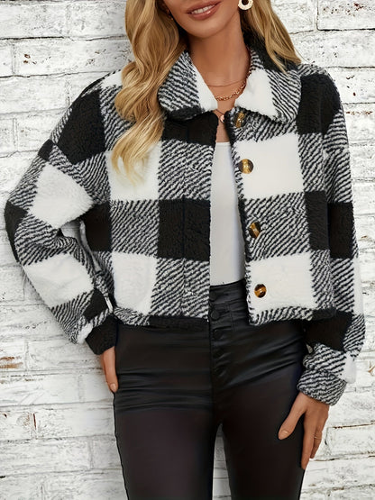 Kariertes Teddyjacke Damen Modern Knopfverschluss
