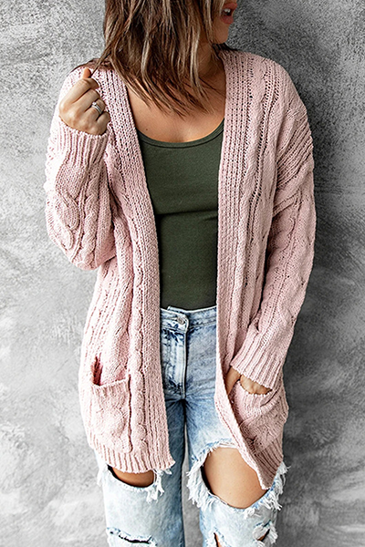 Lange Strickjacke Offene Vorderseite Mit Taschen