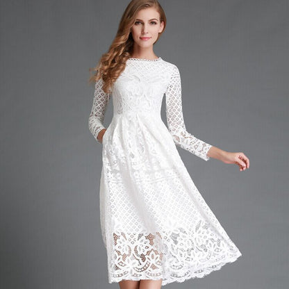 Elegantes Damenkleid Spitze Floral Langärmlig - IdealeKleiden