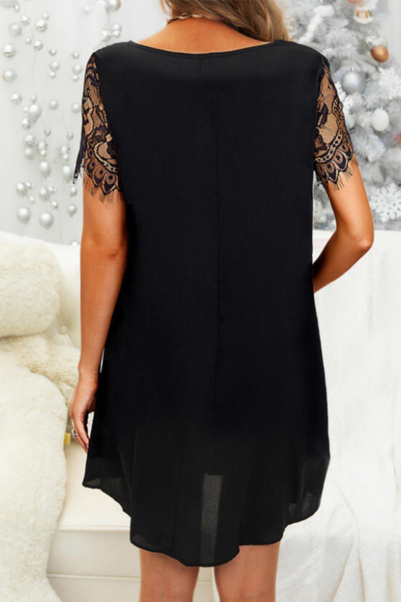Elegante Spitzenkleid Mit Pailletten V-Ausschnitt Kurzarm - IdealeKleiden