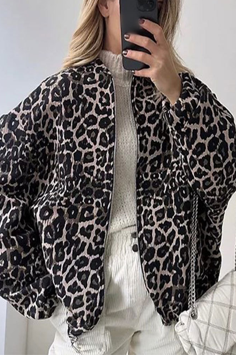 Stylische Leopardenjacke Damen O-Ausschnitt - IdealeKleiden