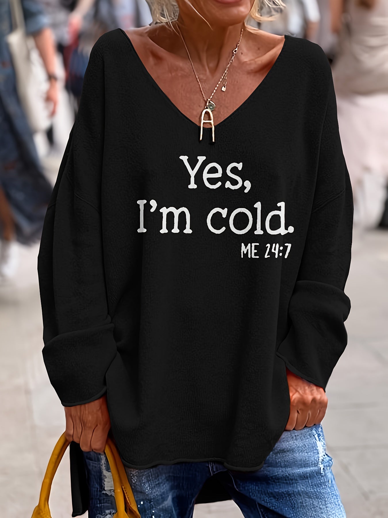 Damen Oversize Pullover V-Ausschnitt Muster