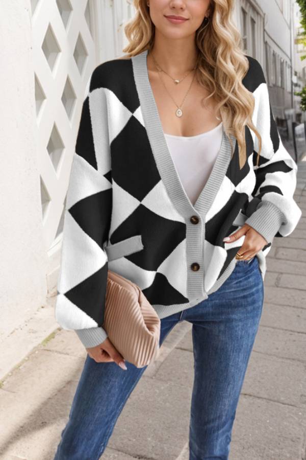 Elegante Cardigan Damen | Diamantmuster Lockere Oversized Jacke