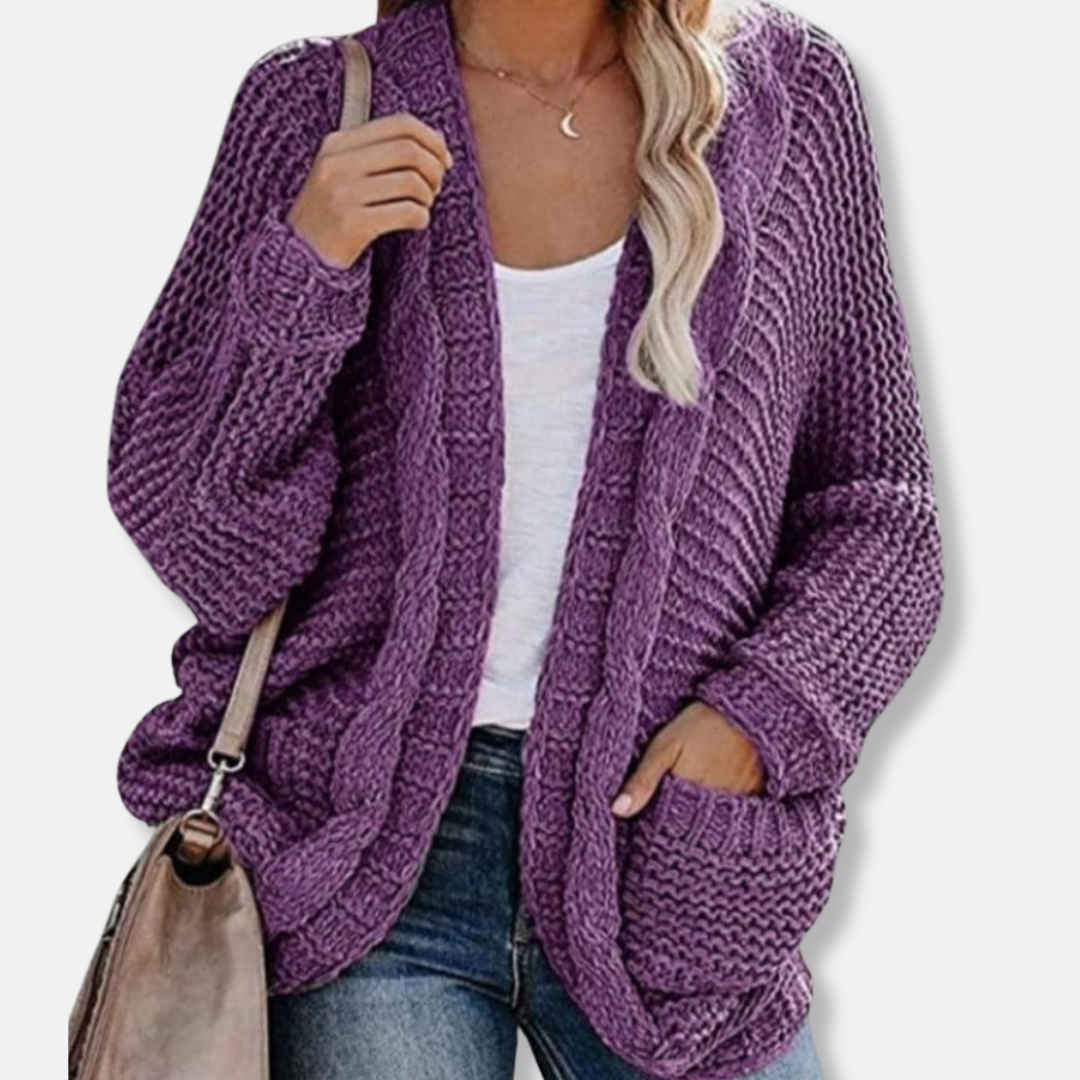 Übergroßer Wollcardigan mit Rippenmuster und Vordertaschen