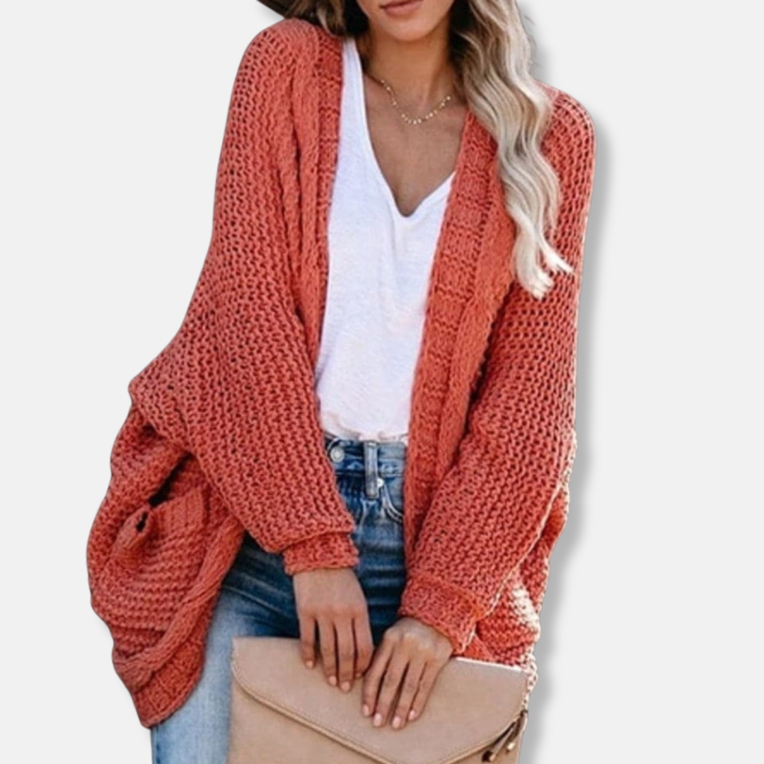 Übergroßer Wollcardigan mit Rippenmuster und Vordertaschen