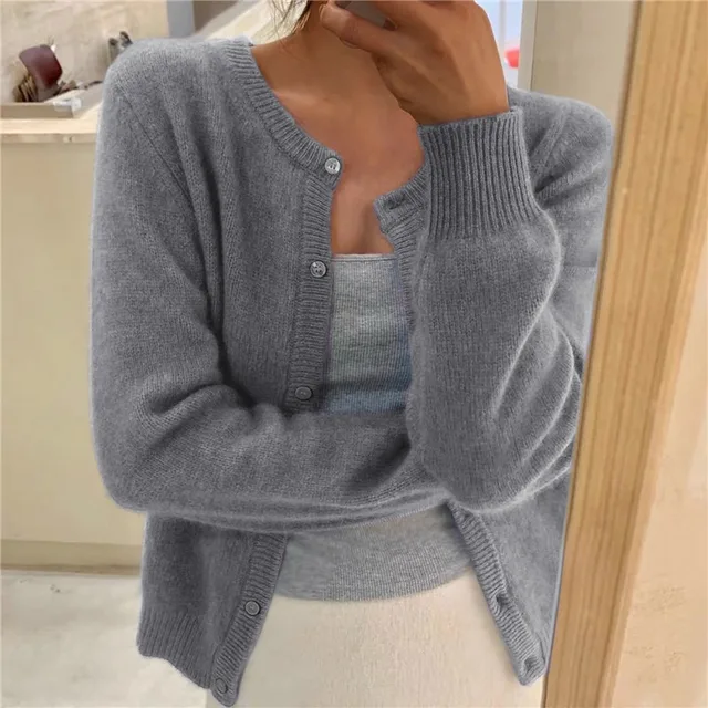 Damen Strickjacke Rundhals Elegant Langarm - IdealeKleiden