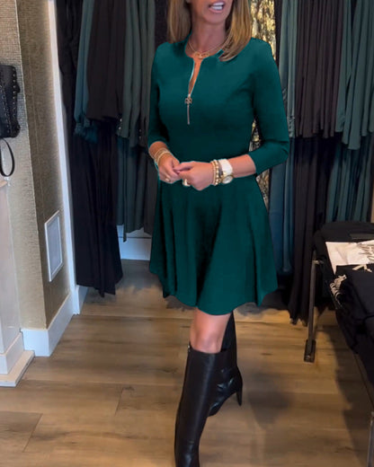 Elegantes Damenkleid Einfarbig Mit Reißverschluss