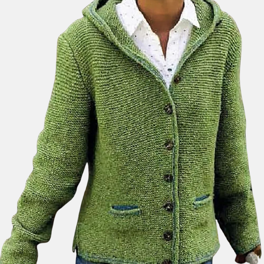 Warme Wollcardigan mit Knöpfen und Kapuze - IdealeKleiden