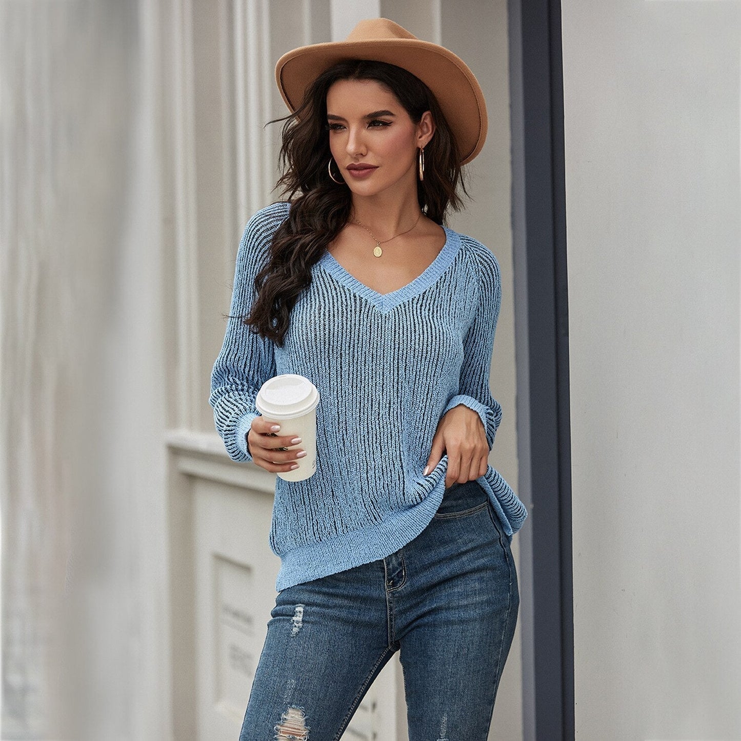 Weite Strickpullover Lange Ärmel V-Ausschnitt