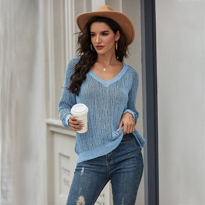 Weite Strickpullover Lange Ärmel V-Ausschnitt