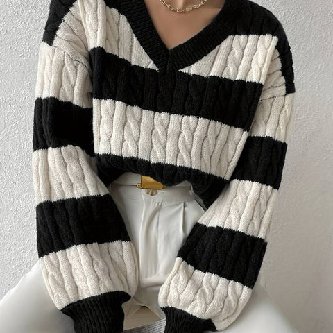 Stylischer Streifenpullover V-Ausschnitt Damen