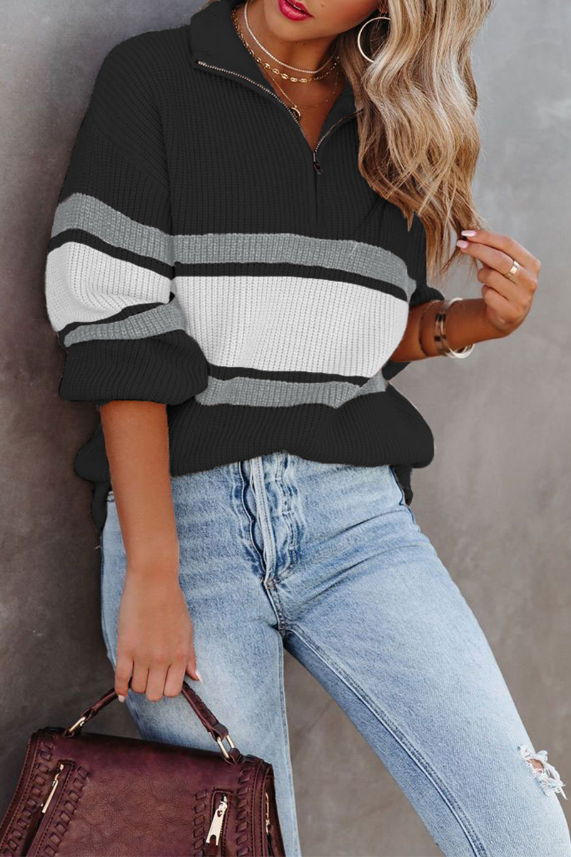 Stilvoller Patchwork Pullover Reißverschluss Kragen