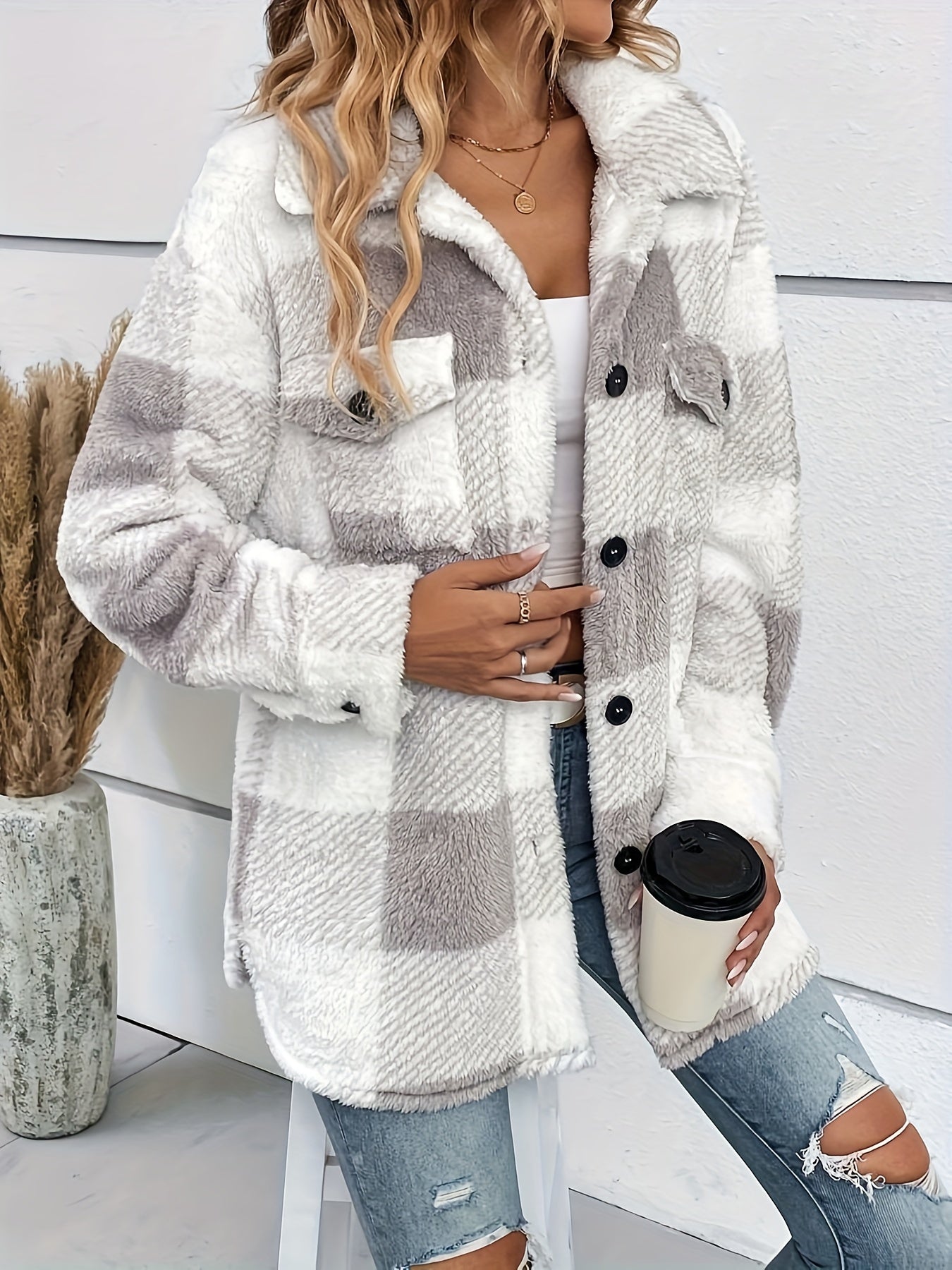 Frauen Fleecejacke Karomuster Warm & Bequem