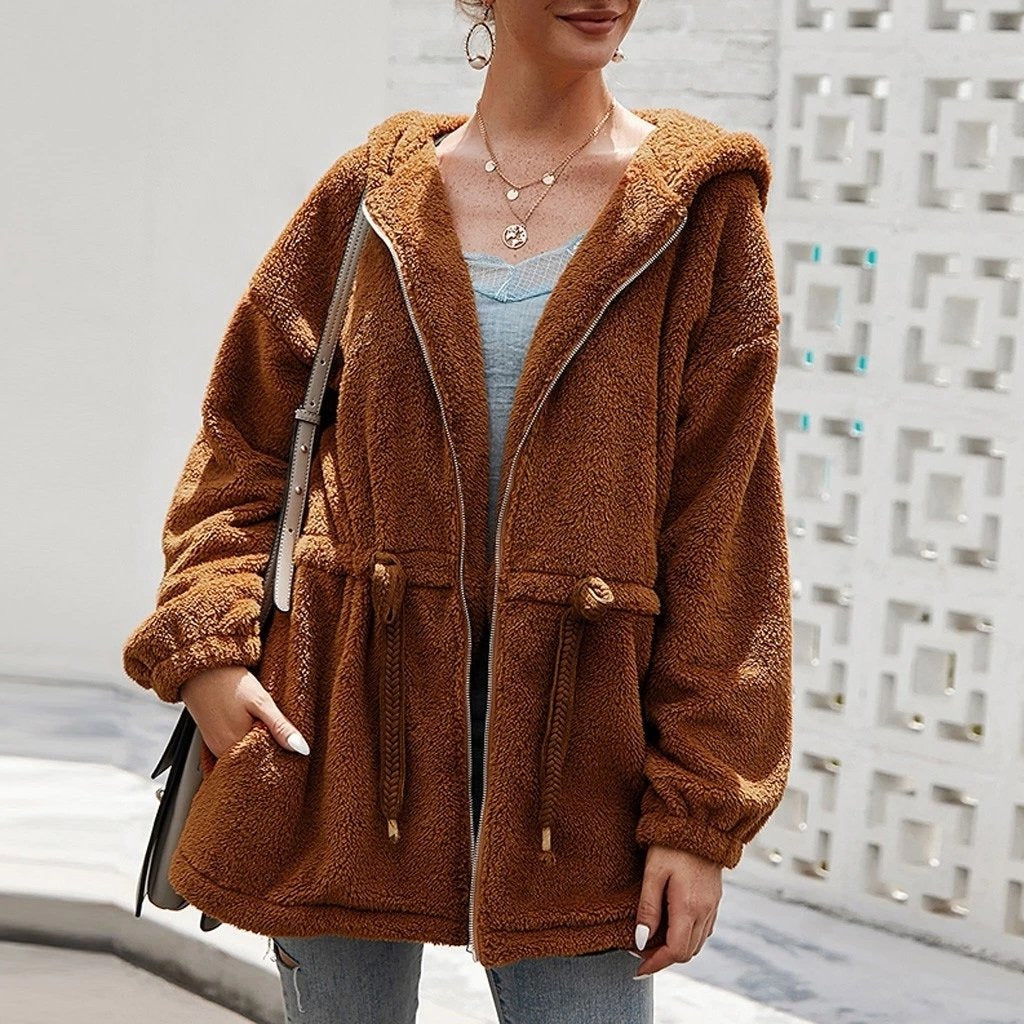 Weiche Teddyjacke Oversized mit Kapuze und Taschen