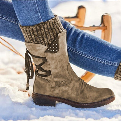 Retro Leder Stiefel Damen Midi Calf - IdealeKleiden