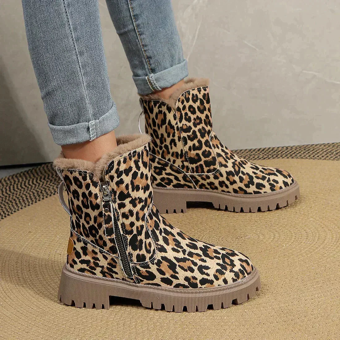 Winterstiefel Leopardenmuster Seitenreißverschluss - IdealeKleiden