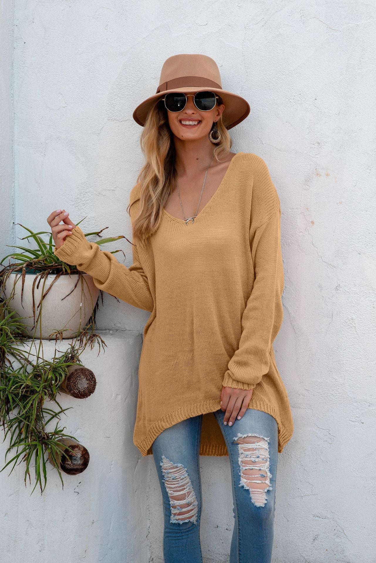 Damen Strickpullover Lässig V-Ausschnitt Langärmlig