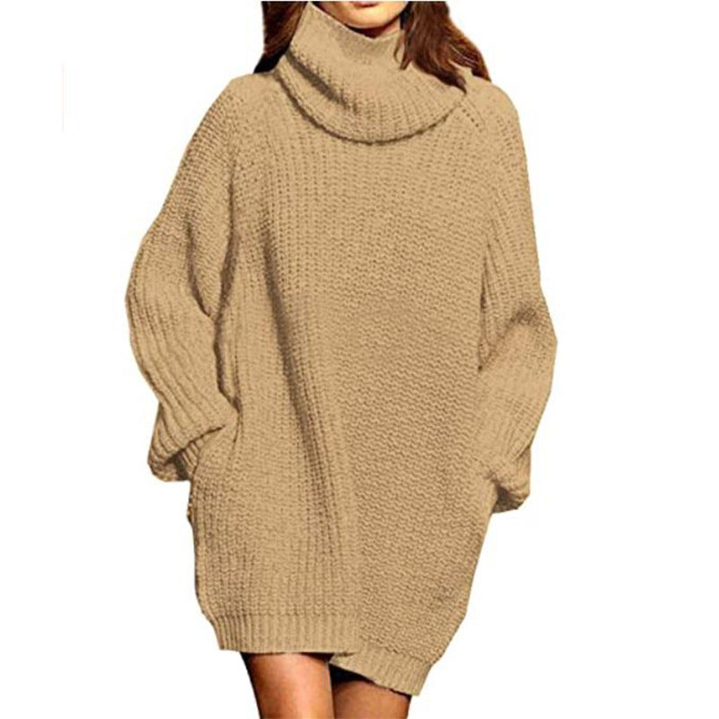 Damen Grobstrick Pulloverkleid Hochkragen Lässig Chic
