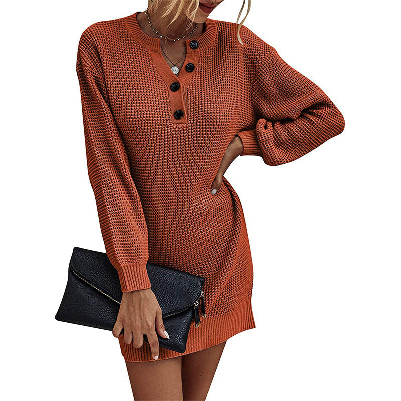 Damen Strickkleid Mit Knöpfen Gestrickt - IdealeKleiden