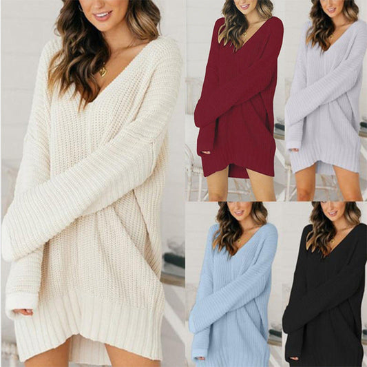 Damen Pulloverkleid Grobstrick V-Ausschnitt Lässig Chic - IdealeKleiden
