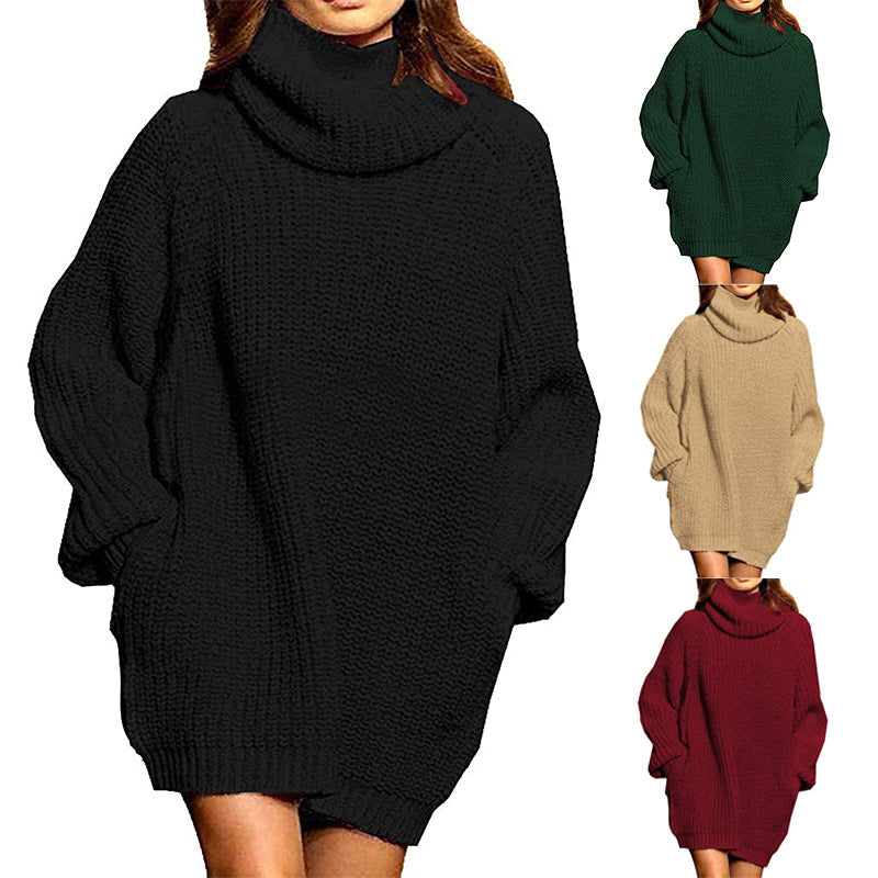 Damen Grobstrick Pulloverkleid Hochkragen Lässig Chic - IdealeKleiden