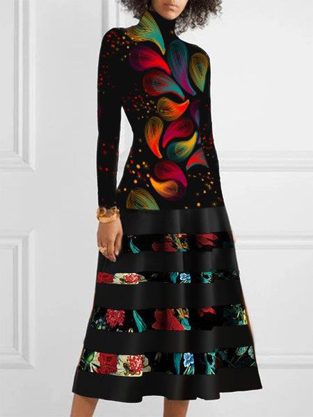 Damen Strickkleid Floral Elegant Hochkragen - IdealeKleiden