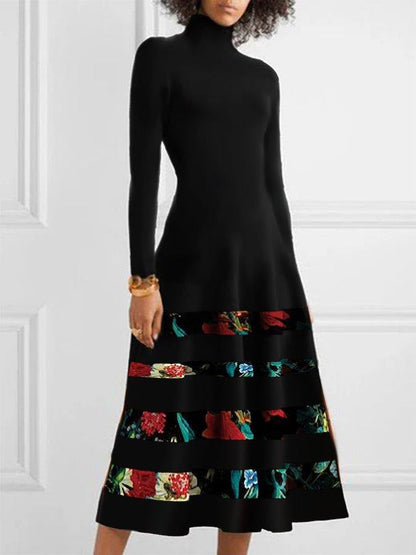 Damen Strickkleid Floral Elegant Hochkragen
