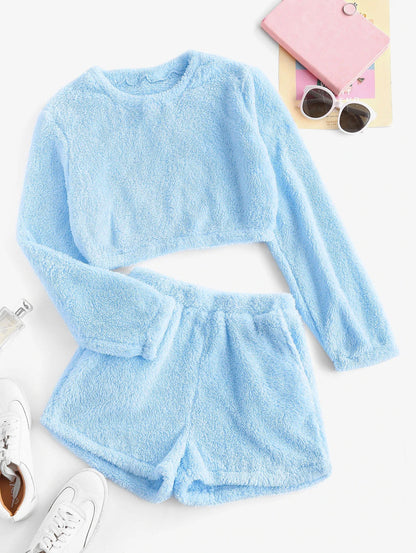 Damen Weiche Plüsch-Pyjamas Set Bequem