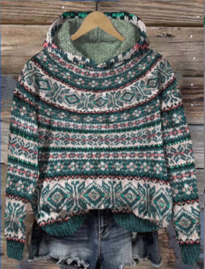 Damen Strickpulli Norwegermuster Kapuze