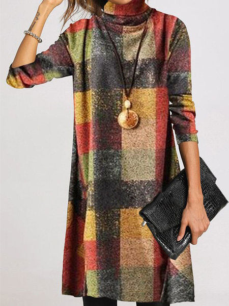 Damen Langarmkleid Chic Karo Rollkragen