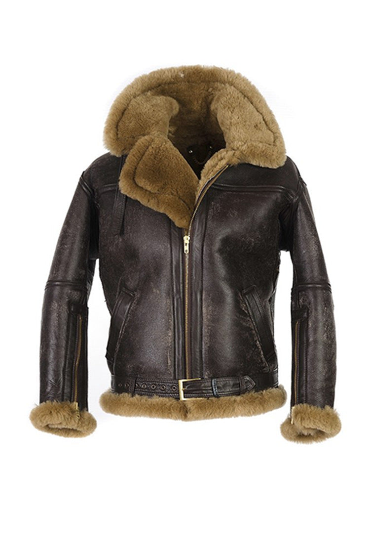 Herren Lammfelljacke Luxus Kunstfell Kragen Warm Isoliert