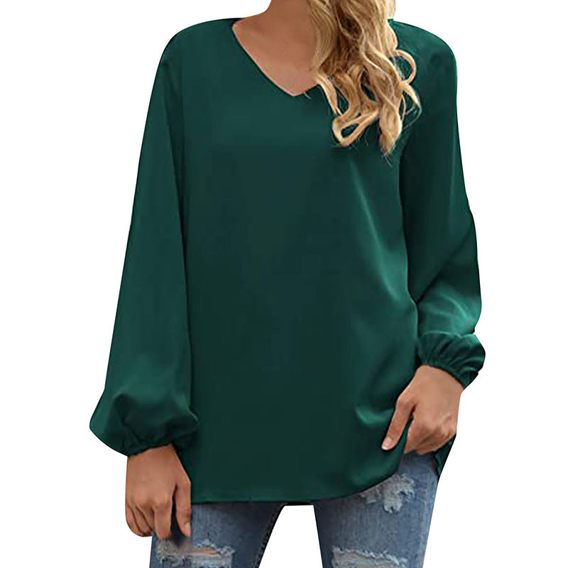 Damen Satin Bluse Elegant V-Ausschnitt
