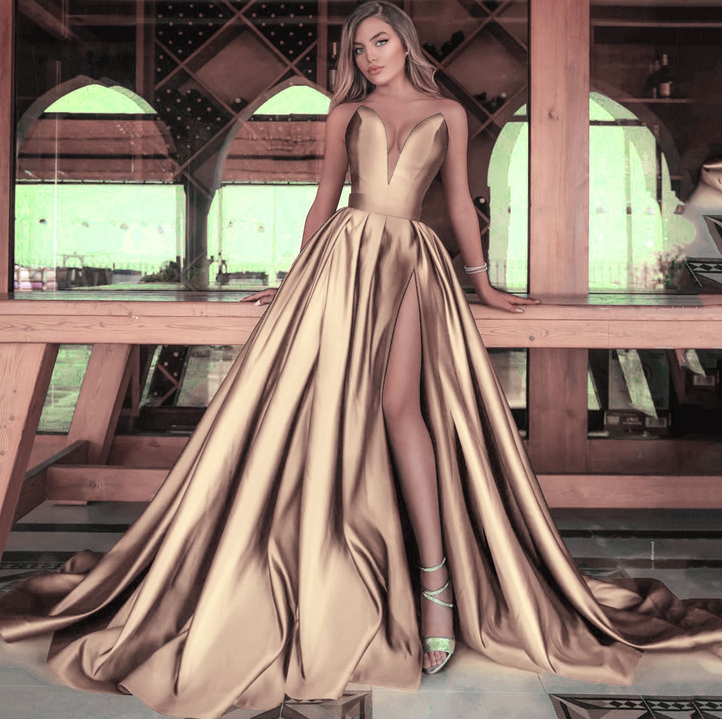 Damen Abendkleid Elegant V-Ausschnitt Schleppe