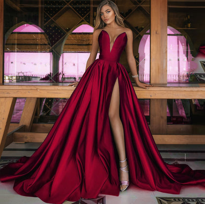 Damen Abendkleid Elegant V-Ausschnitt Schleppe
