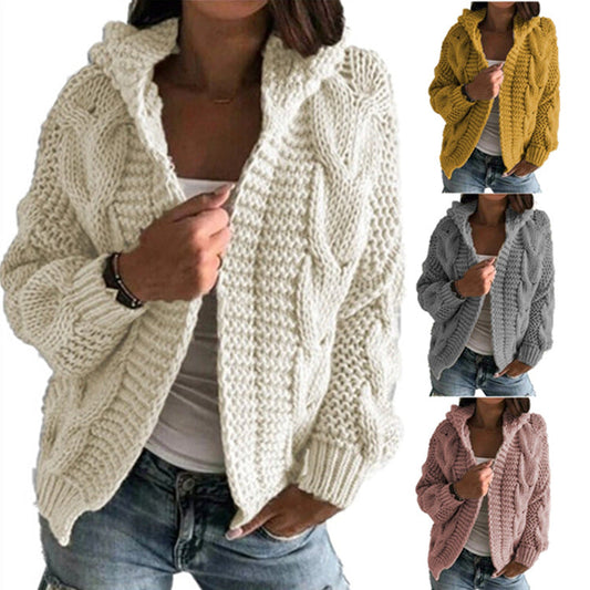 Damen Strickjacke Kapuze Zopf Muster Trendy - IdealeKleiden