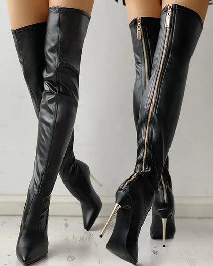 Überknee Stiefel Damen Hoher Absatz Reißverschluss