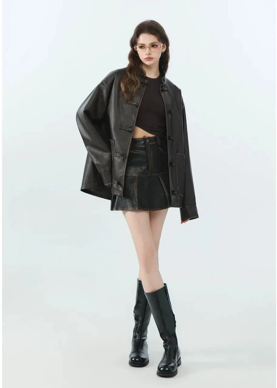 Lässige Lederjacke mit Stehkragen Modern Style - IdealeKleiden